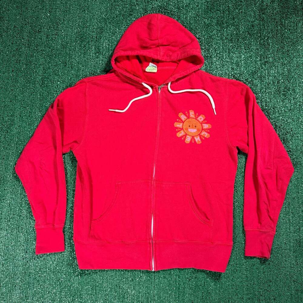 Adult Coachella Festival Red Smiley Sun Zip Up Hoodie Small